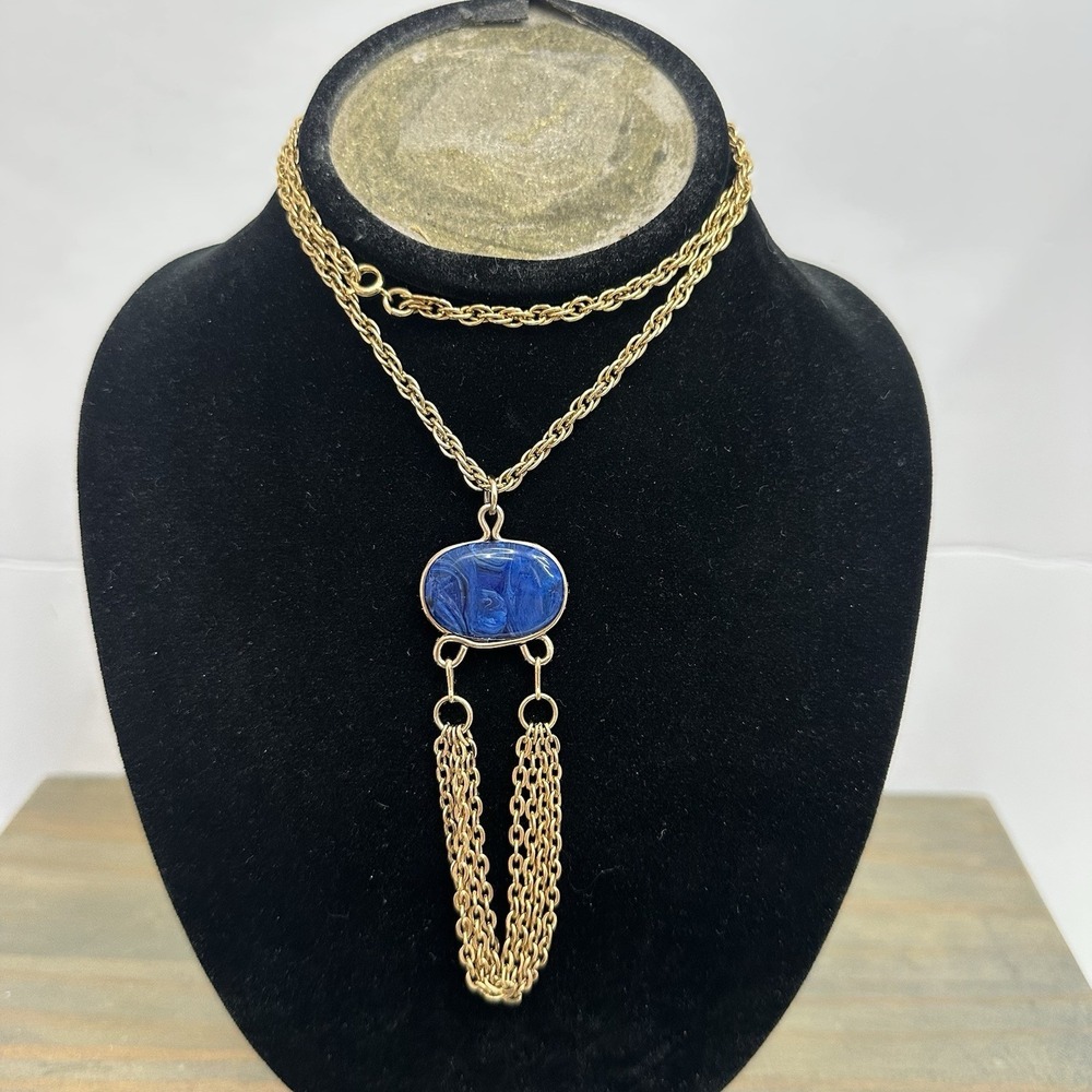 SARAH COVENTRY Three Timer‎ Marbled Blue Stone Gold Tone Chain Necklace 1975 24"
